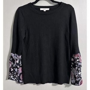 Loft Black Long Sleeve Sweater Top Floral Bell Sleeves‎ Size Small #650